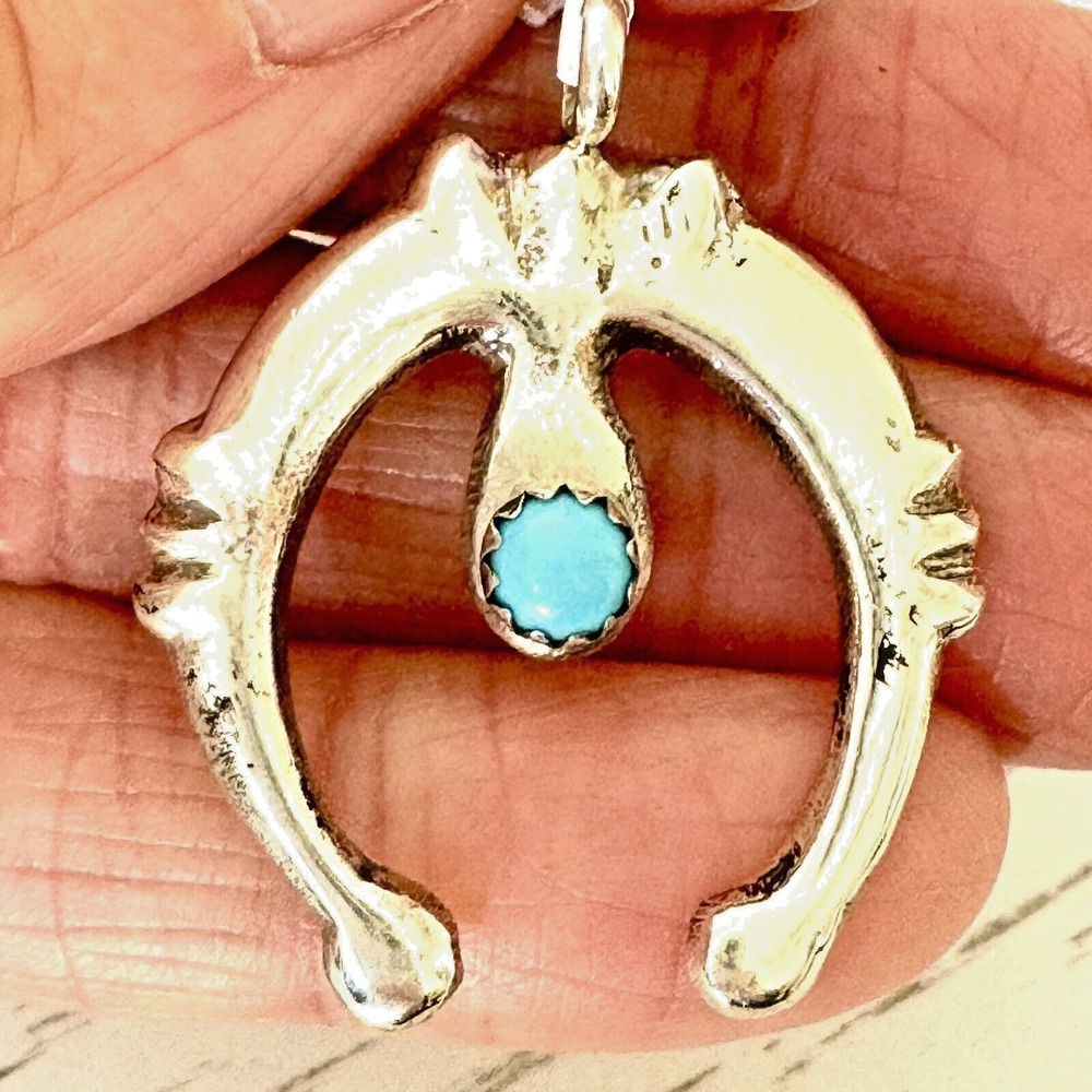 Navajo Naja Pendant Turquoise 1.5in Signed RT Tolino Sterling Native Amer Small